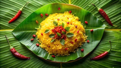 Delicious and vibrant indian yellow rice dish served on a banana leaf with chilies
