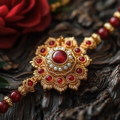 Obraz premium A vivid macro of ornate, traditional jewelry with gold filigree, ruby-red stones, and blue pearls, highlighting exquisite craftsmanship and colorful, decorative patterns