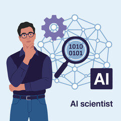 Illustration of a thinking ai scientist with a magnifying glass and binary code on a light blue background