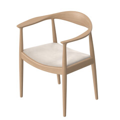 Mid-century Modern Dining Armchair, Natural Wood Frame, Grey Woven Seat, Angled Perspective 3D Render