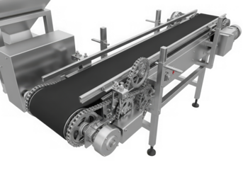 An industrial conveyor belt machine is isolated on transparent background