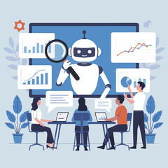 Robot analyzing data with magnifying glass in front of team working on laptops with charts displayed on screen