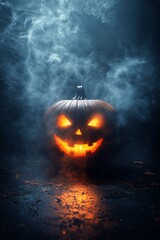 Naklejka premium Illuminating Pumpkin With a Spooky Grin in a Misty Halloween Setting
