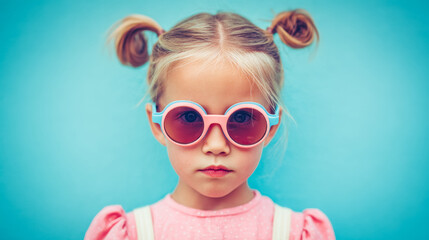 Young girl with playful hairstyle and stylish sunglasses against a bright blue background