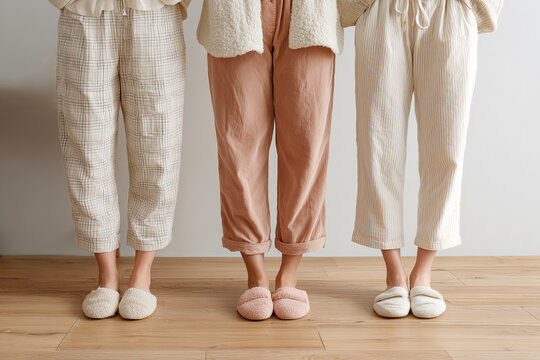 legs of three women wearing pink and beige pajama pants and slippers - Powered by Adobe
