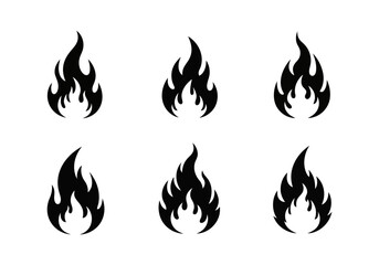 Flat illustration of a set of six black and white icons representing fire flames in various styles