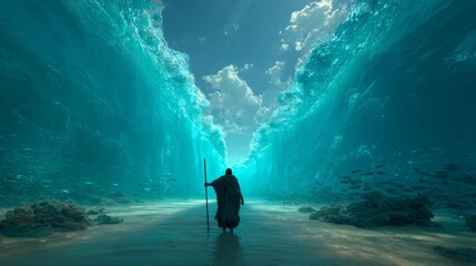 Biblical scene of figure parting waters with staff, dramatic turquoise ocean walls concept art