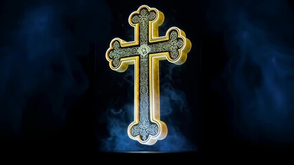 Golden orthodox cross with glowing ornate design and mystic smoke at bottom. Christian religion symbol footage.