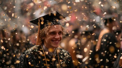 Joyful graduate celebrating with confetti falling, graduation ceremony celebration moment