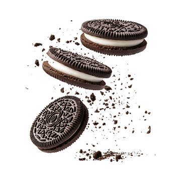 Falling oreo cookies with crumbled pieces isolated on a transparent background remove Png, clipping path