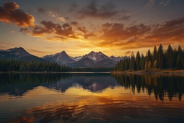 Fototapeta premium “Majestic Sunset Over Serene Mountain Lake – Nature Landscape Reflection”