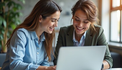 Two Women Collaborating on Laptop in Modern Office Environment