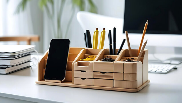 Organized Workspace with Wooden Desk Organizer Mobile Phone and Computer Creating Productive and Efficient Environment for Remote Work