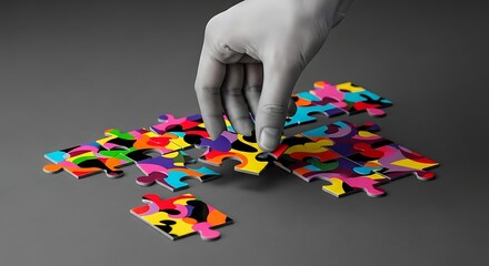 Assembling Puzzle: A hand carefully places a vibrant puzzle piece into a colorful array. Highlighting the importance of connection and finding solutions.