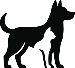 Vector silhouette illustration of dog with embedded cat shape, black flat artwork symbolizing friendship and harmony between pet animals