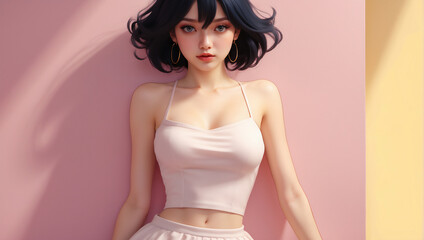 ピンクの壁の前の女子　AI生成素材