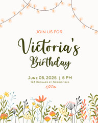 Birthday invitation template. Botanical illustration in flat doodle style with lights. Frame with text and hand drawn vector floral elements. Spring branches, flowers, leaves and petals