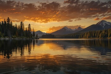 Fototapeta premium “Majestic Sunset Over Serene Mountain Lake – Nature Landscape Reflection”