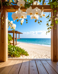 orchid like frame with view to the beach vacation background 