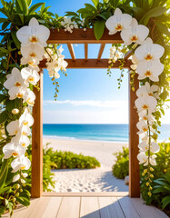 orchid like frame with view to the beach vacation background 