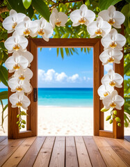 orchid like frame with view to the beach vacation background 