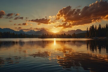 Fototapeta premium “Majestic Sunset Over Serene Mountain Lake – Nature Landscape Reflection”