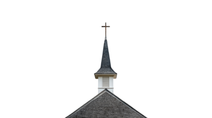 Isolated church steeple with cross against black sky on transparent background, PNG