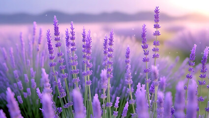 Naklejka premium Scenic Lavender Field at Sunset Capturing the Beauty of Provence and Aromatherapy with Soft Purple Hues