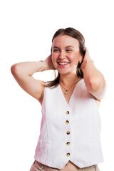 Naklejka premium Studio Portrait of Young Woman with Natural Look and Sleeveless Blouse