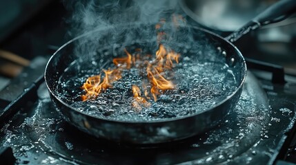 Scorched pan on stovetop with burn pattern metal reflection and real kitchen mood perfect for food or imperfection visuals