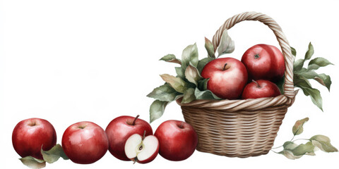 Basket with handle filled with apples, few apples lying beside it. Watercolor illustration on white background