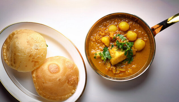 flavorful cholar dal and tender patol aloo sabzi paired with crispy fried luchi or golden poori authentic bengali cuisine dreamy atmosphere isolated with white highlights