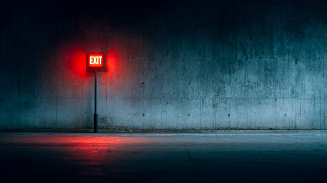 A solitary illuminated exit sign on a dark, empty concrete wall