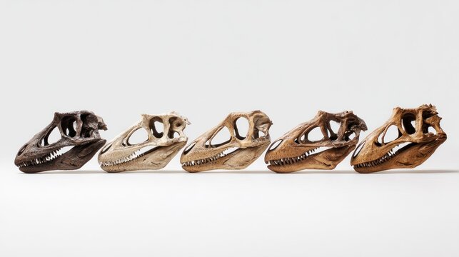 Five dinosaur skulls in various shades of beige and brown, arranged in a horizontal row against a plain white background