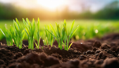 close up view of young green wheat plants growing in fertile soil under sunlight early spring growth in agricultural farmland with fresh cereal sprouts