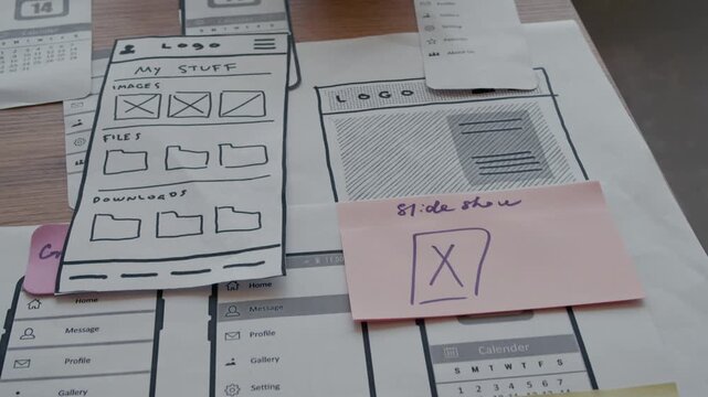 Close up of black and white printed wireframes of mobile app on desktop with handwritten notes on stickers at UX designers workspace