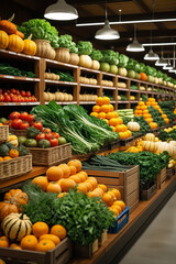 the produce section of a busy grocery store with shelves filled with an abundance of fresh, colorful vegetables and fruits