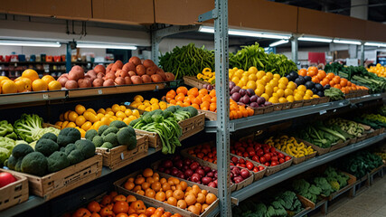 the produce section of a busy grocery store with shelves filled with an abundance of fresh, colorful vegetables and fruits