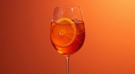 ''Refreshing Aperol Spritz in a wine glass with a vibrant orange slice, set against a warm gradient background, evoking a summe...