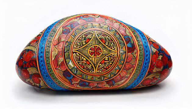 symbolic painted stone bearing sacred mandaean imagery for ritual use isolated on white background