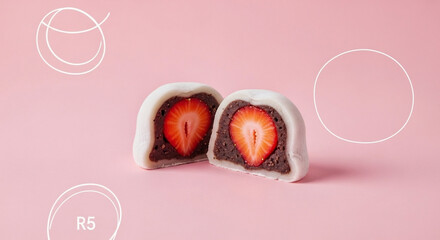 Delicious Strawberry Mochi: Pink Background, Cut in Half, Sweet Treat - High-quality stock image...