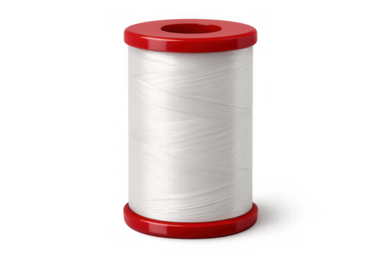 White thread spool with red plastic caps, isolated on transparent background, ready for your sewing and tailoring projects