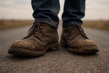 The long walk of a migrant is captured in a close-up of their tattered and worn shoes. Every step of their walk has been a struggle. The story of a difficult walk to a new life.