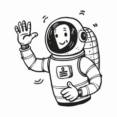Friendly Cartoon Astronaut Waving Hand Drawn Illustration