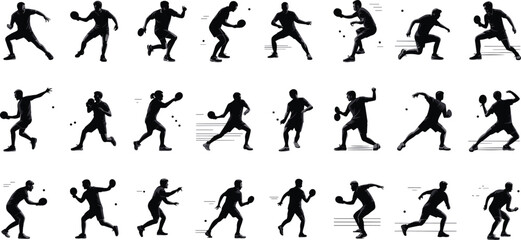 Table tennis player silhouette collection, ping pong action pose vector, sportsman holding paddle icon set, table tennis athlete shadow black illustration