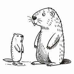 Large and Small Groundhog Illustration, Black and White Line Art