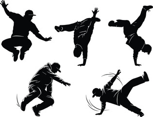 Silhouette of breakdancers performing street dance moves, hip hop dancers vector, urban freestyle dance, graffiti style motion pose, youth culture art