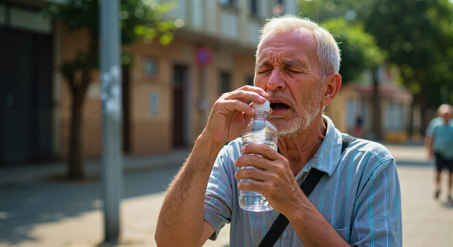 Elderly man drinking water from extreme heat on city street in summer
