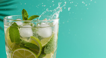 Refreshing Mojito Cocktail with Lime, Mint, and Ice Splash - High-quality stock image for...