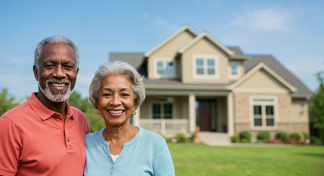 Elderly couple smiling together in front of their house outdoors